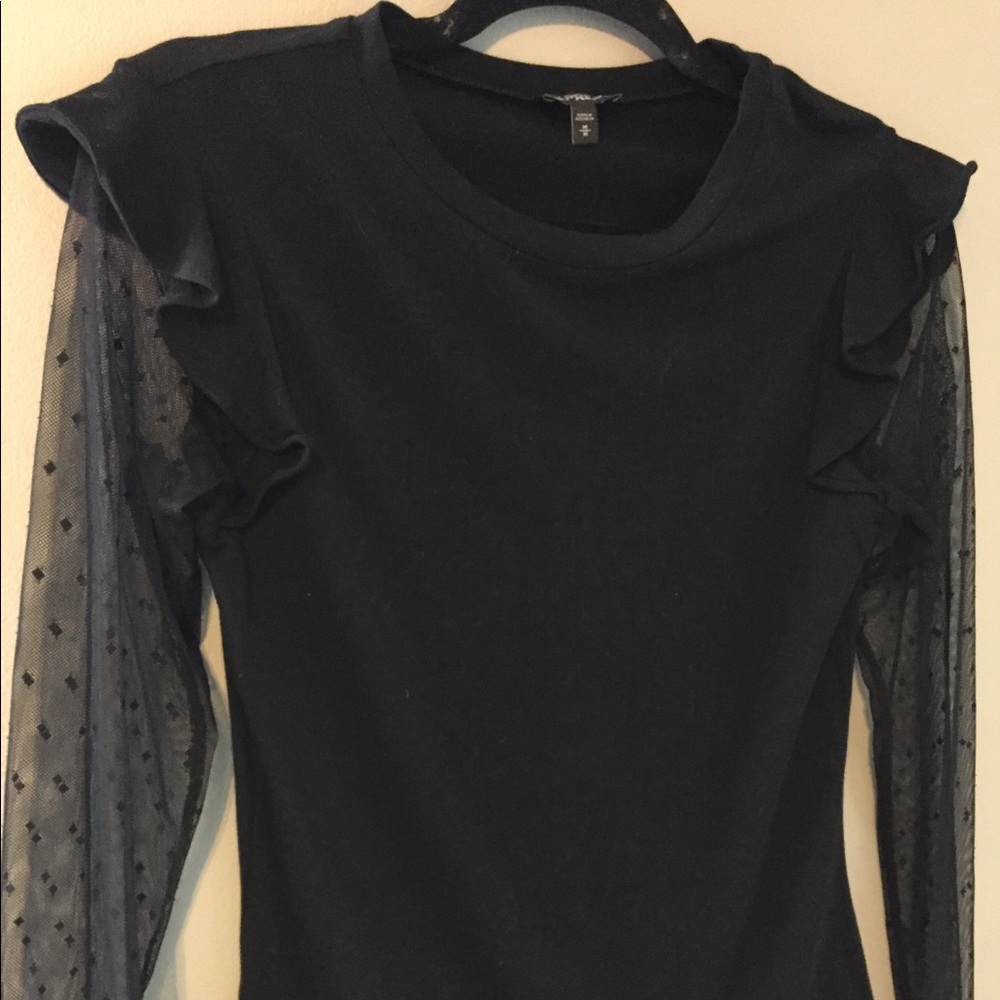 Express black shirt with ruffle and mesh sleeves